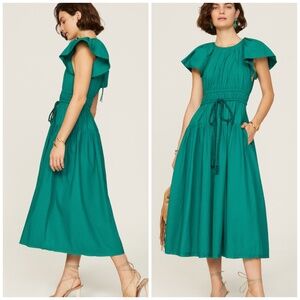 Ulla Johnson Darlene Dress Verdigris Teal Green Midi Short Sleeve Tie Belt - 6
